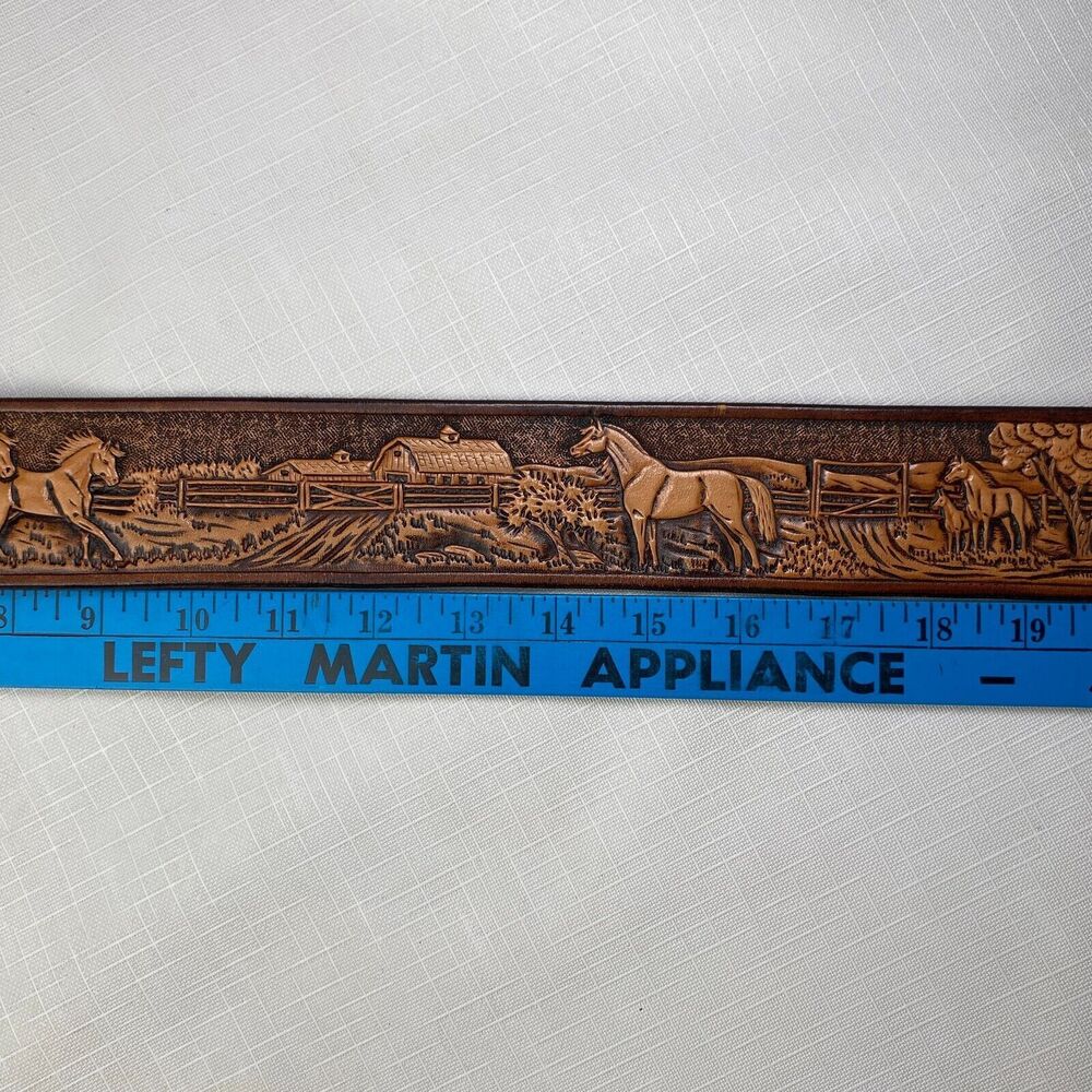 Hand Tooled LEATHER 3-D HORSES SCENE Western Belt! Handmade T Goodloe Sz 29 - Picture 10 of 16